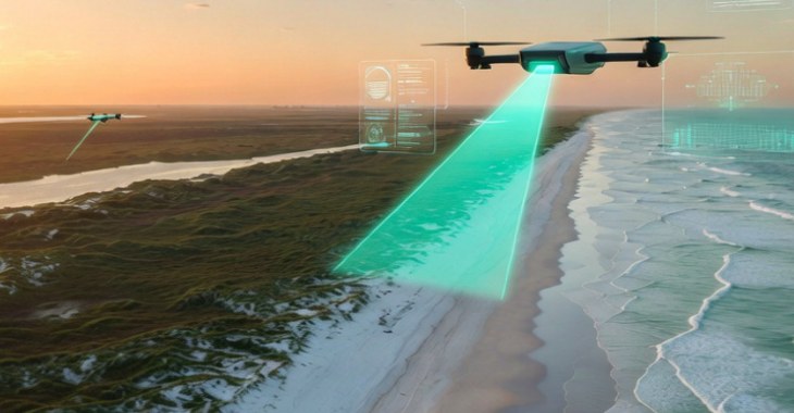 Drone scanning a protected coastline at sunrise